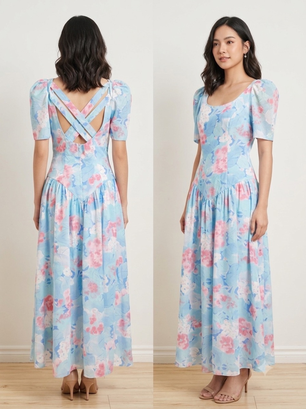 Vintage 1980s Alfred Angelo Blue Floral Cotton Maxi Dress
